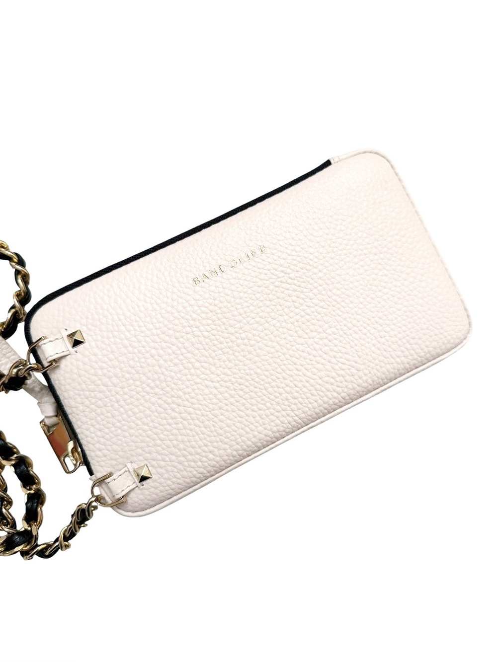 Bandolier Pebbled Leather Expanded Zip Pouch Ivory and Gold with Chain Strap - Picture 3 of 11